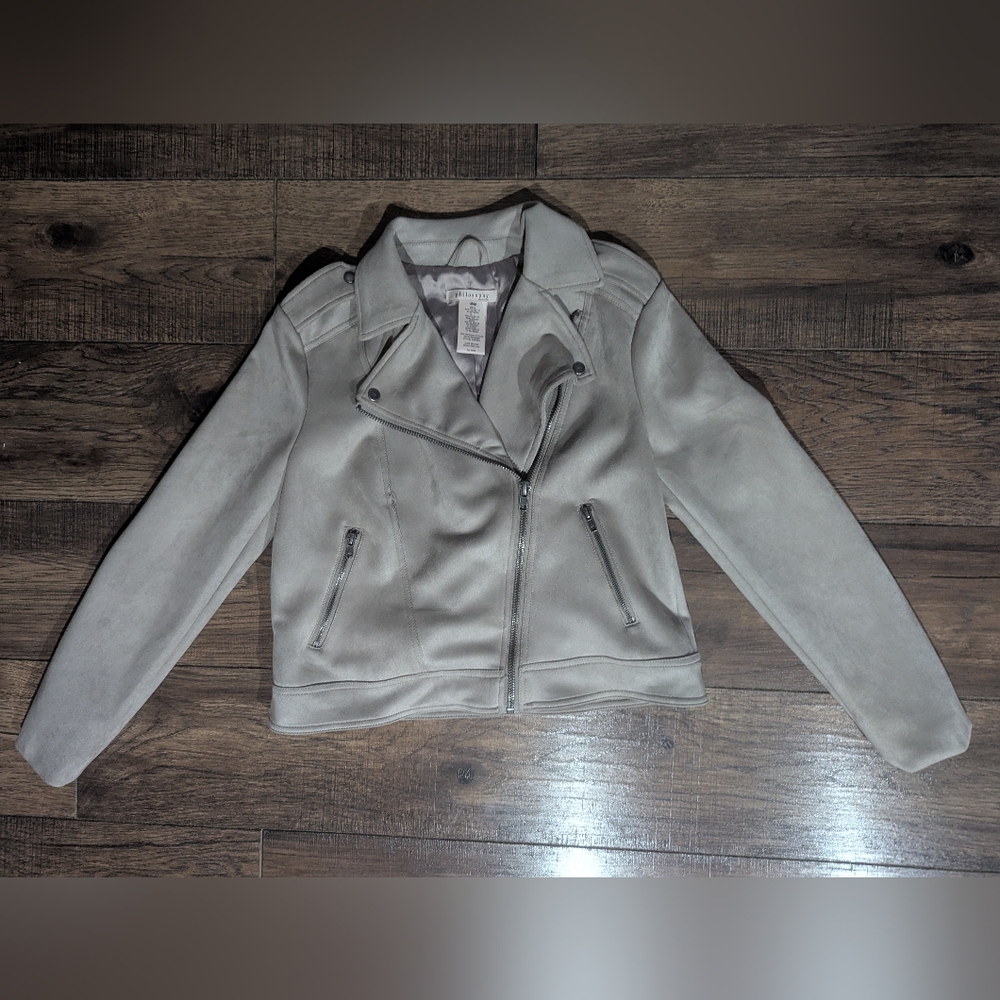 Philosophy Cream Women's Faux Suede Jacket Asymetrical Zippers Pockets Size Med